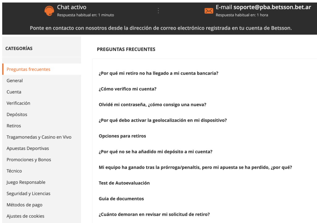 Página de preguntas frecuentes en Winng Betsson Argentina